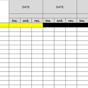 May include: A printable inventory tracking sheet featuring a circular placeholder for a logo in the top left corner. The grid includes columns for date, inventory, and sub-columns labeled inv., ord., and rec. with a yellow and black header row.
