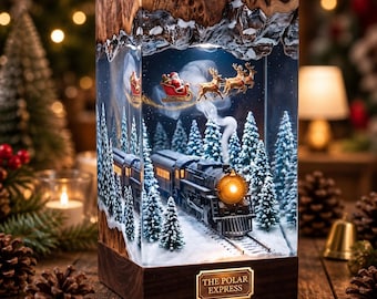 Lámpara de noche navideña de resina con forma de tren: Papá Noel, trineo y árboles nevados (con enchufe).