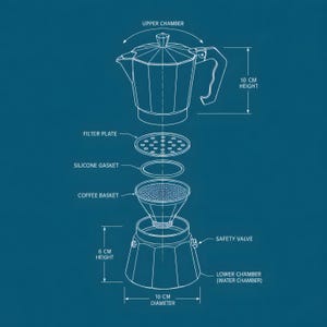Stampa con schema di una caffettiera moka, decorazione murale a tema caffè, arredamento per bar, decorazione per la cucina, stampa per caffetteria, regalo per barista, regalo per amanti del caffè