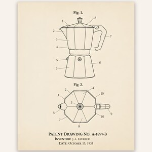 Stampa del brevetto della caffettiera Moka, decorazione murale a tema caffè, arredamento per bar, decorazione per la cucina, stampa per caffetteria, regalo per barista, regalo per amanti del caffè