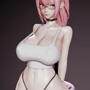 以下が含まれることがあります： ピンク色の髪で細いフレームの眼鏡、黒いチョーカー、白いタンクトップを着用したキャラクターのフィギュア。滑らかでマットな質感で、胸から上が表現されており、顔の造形や髪の毛のディテールが細かく作り込まれている。