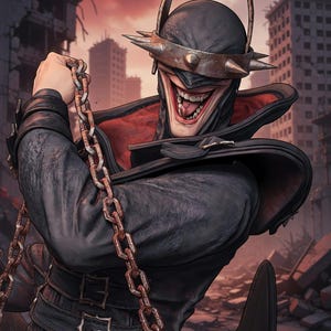 May include: A dark, hooded figure wearing a black mask with a metal spiked visor and a wide, grinning mouth. The character is dressed in a black textured jacket with multiple buckled straps and holds a long, rusted metal chain in their hand.