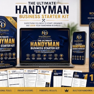 May include: A digital business starter kit for handymen featuring a branded box, laptop, and smartphone displaying the title The Ultimate Handyman Business Starter Kit. Includes 17 pages of professional templates, business forms, and trackers.