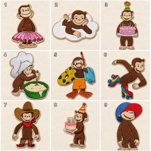 May include: A collection of nine embroidered patches featuring a brown monkey character in various activities: wearing a pink tutu, lying on a cloud, holding a birthday cake, baking, wearing snorkeling gear, roller skating, wearing a cowboy outfit, holding a smaller birthday cake, and wearing a baseball cap.