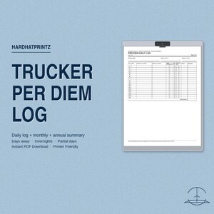 May include: A digital document titled Trucker Per Diem Log by Hardhatprintz, featuring a table for tracking daily dates, cities, overnights, and partial days. The layout includes sections for monthly and annual summaries, designed as an instant PDF download.