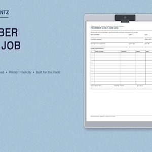 May include: A digital Plumber Daily Job Log template on a clipboard. The document features fields for customer details, job site information, and a grid for work performed. Text includes HARDHATPRINTZ, PLUMBER DAILY JOB LOG, and Instant PDF Download.