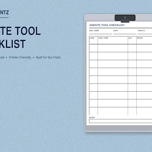 May include: A digital Jobsite Tool Checklist document on a clipboard against a light blue background. The form includes fields for Job/Crew, Date, Truck #, Load, Tool/Item, Got, and Notes. Text reads HARDHATPRINTZ, JOBSITE TOOL CHECKLIST, and more.