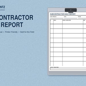 Könnte beinhalten: Eine digitale Vorlage für einen täglichen Subunternehmerbericht auf einem grauen Klemmbrett. Das Dokument enthält Felder für Auftrag, Projekt, Datum, Gewerk, Bereich, ausgeführte Arbeiten und Stunden sowie einen Bereich für Notizen und Unterschrift.