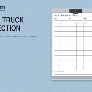 May include: A gray clipboard holding a white Daily Truck Inspection form with columns for unit number, date, driver, item, defect, and notes. The text HARDHATPRINTZ appears in the top left corner, and the form includes a signature line at the bottom.