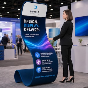 May include: A tall, S-shaped blue display stand featuring the PPIMF DISPLAYS logo and text including DFSICN. DISPI AY. DFLIVCP. The stand has a gradient graphic with light blue and purple waves, three circular icons, and text about design, setup, and durability.