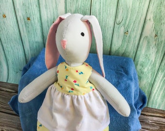 Handmade Cloth Bunny Doll with Reversible Dress - 100% Cotton Rabbit Toy - Perfect for Pretend Play - Gray
