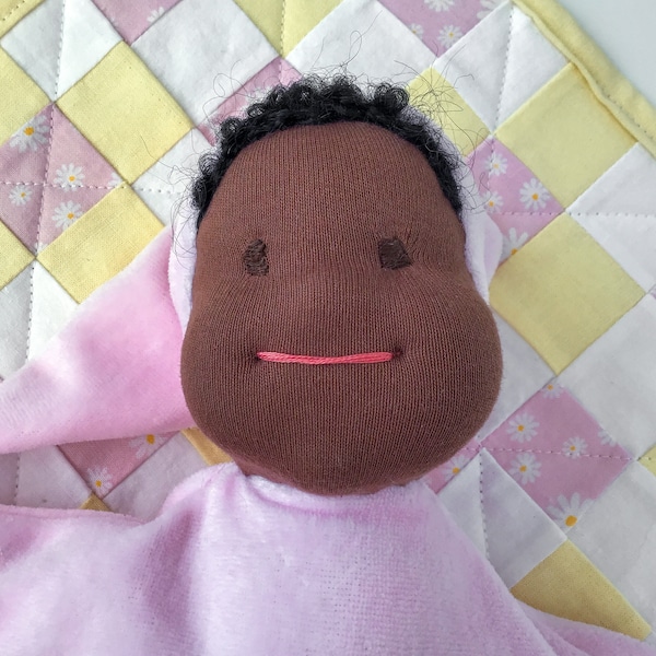 Star Baby Cuddle Doll - Waldorf Inspired - Pink - Snuggle Lovey - All Natural Materials - 10 Inches (25 cm) - Dark Brown Skin - Black Hair