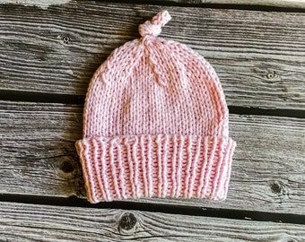Knotted Preemie Newborn Hat - Knitted Beanie - Baby Pink - In 0 to 3 Month Size, Newborn Size, Preemie Size, and Small Preemie Size