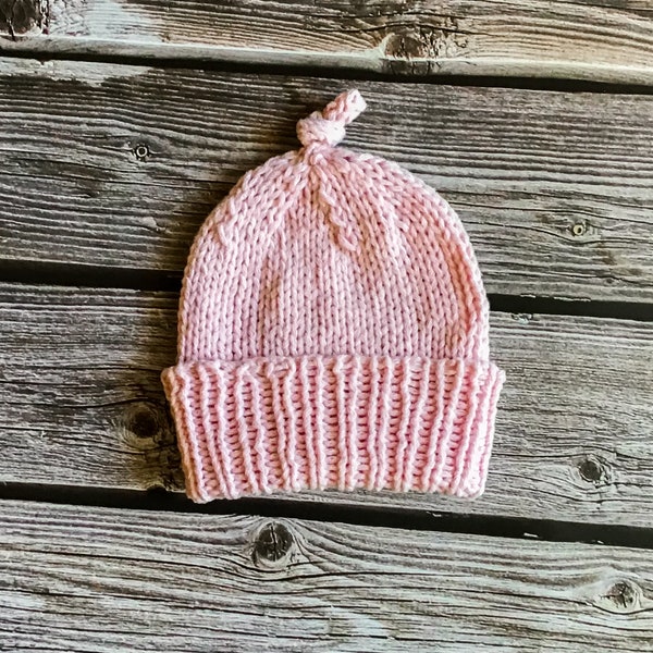 Knotted Preemie Newborn Hat - Knitted Beanie - Baby Pink - In 0 to 3 Month Size, Newborn Size, Preemie Size, and Small Preemie Size