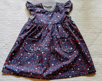 Cotton Baby Sun Dress - 12 to 18 months - Navy Blue - Red White and Blue Stars - Party Dress  - 4th of July - Patriotic