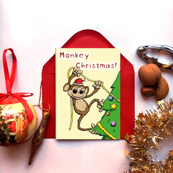 cute christmas card monkey