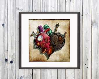 Clockwork Heart, Heart Print, Steampunk Heart, Mechanical Heart, Steampunk Drawing, Heart Drawing, Steampunk Wedding, Goth Heart, Love Art