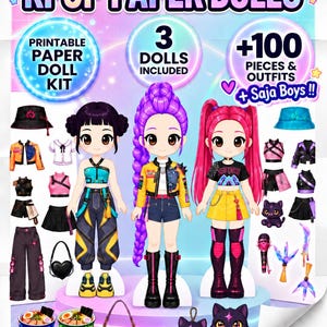 Op de afbeelding: Een printbare KPOP PAPIEREN POPPEN set met drie geïllustreerde poppen met diverse kapsels en outfits. De set bevat meer dan 100 onderdelen, waaronder kleding, accessoires, kleine kattenfiguren en ramenkommen, weergegeven tegen een kleurrijke achtergrond.