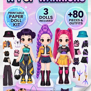 Bambole di carta K-Pop Warriors, attività stampabile per bambini | Gioco di vestire, download digitale | Cacciatori di demoni | Cacciatrice di demoni | Rumi, Zoey e Mira