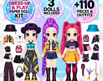 Kpop Paper Doll Printable | Kpop Demon Hunters Huntrix Rumi Mira Zoey | 110+ Pieces