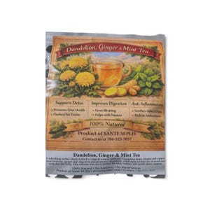 May include: A rectangular tea pouch labeled Dandelion, Ginger & Mint Tea. The packaging features illustrations of yellow dandelion flowers, ginger root, and mint leaves, with text detailing health benefits, 100% natural ingredients, and contact info.