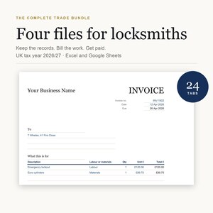 May include: A digital invoice template for locksmiths titled The Complete Trade Bundle, featuring four files for Excel and Google Sheets. The document includes fields for business name, invoice number, date, due date, client details, and itemized costs.