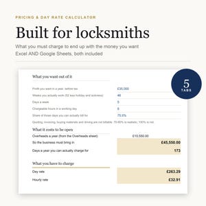 May include: A digital pricing and day rate calculator for locksmiths, compatible with Excel and Google Sheets. The interface displays sections for annual profit goals, business overheads, and calculated day and hourly rates in British pounds.