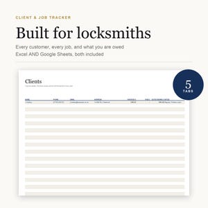 May include: A digital client and job tracker spreadsheet for locksmiths, compatible with Excel and Google Sheets. The interface features a Clients tab with columns for name, phone, email, address, invoiced, paid, outstanding, and notes, plus a 5 tabs badge.