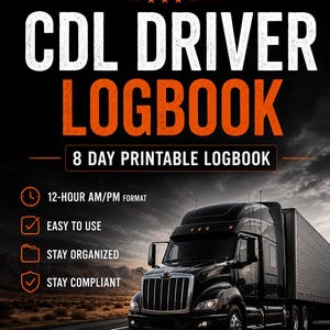 May include: A black and orange Roadboss CDL Driver Logbook featuring an 8-day printable format, 12-hour AM/PM clock, and text stating: Easy to use, Stay organised, Stay compliant, and Focus today. Build tomorrow. Drive your success.