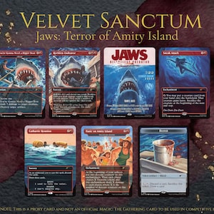 May include: A collection of seven Jaws-themed trading cards titled Velvet Sanctum, featuring illustrations of sharks, ocean scenes, and movie-inspired imagery. Each card displays text, game mechanics, and vibrant colors, arranged against a dark background.