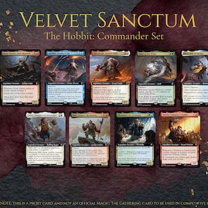 May include: A collection of nine fantasy trading cards titled Velvet Sanctum The Hobbit Commander Set. Each card features unique character illustrations, text, and colored borders. The cards are arranged in two rows against a dark textured background.