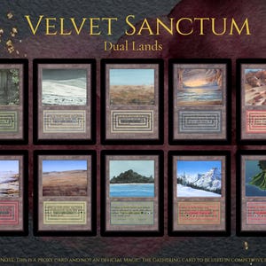 May include: A collection of ten rectangular trading cards titled Velvet Sanctum Dual Lands. Each card features a unique landscape illustration, a text box with game rules, and a border. The cards are arranged in two rows of five against a dark background.