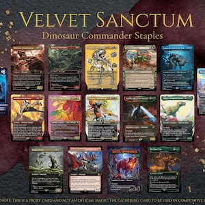 May include: A collection of fourteen rectangular trading cards titled Velvet Sanctum Dinosaur Commander Staples, featuring various dinosaur illustrations, text, and game statistics. The cards are arranged in a grid against a dark background.