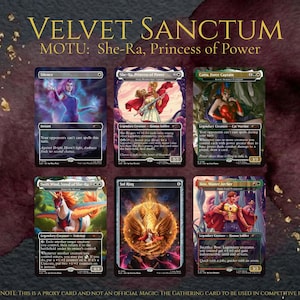 May include: A collection of six custom Magic: The Gathering proxy cards titled Velvet Sanctum MOTU: She-Ra, Princess of Power. The cards feature illustrations of characters including She-Ra, Catra, Swift Wind, and Bow, alongside a Sol Ring card.