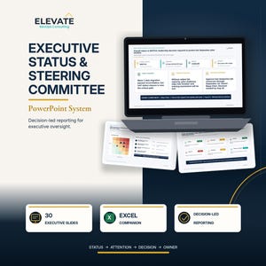 May include: A digital presentation system titled Executive Status & Steering Committee PowerPoint System by Elevate RevOps Consulting. The display shows a laptop screen and two tablets featuring data dashboards, status updates, and project metrics.