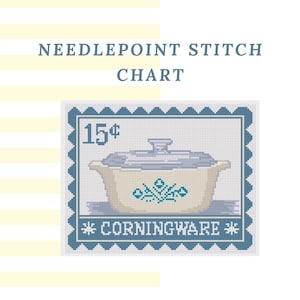 May include: A needlepoint stitch chart featuring a postage stamp design with a blue and white border. The central graphic depicts a lidded casserole dish with a blue floral pattern, the text 15 cents, and the word CORNINGWARE at the bottom.