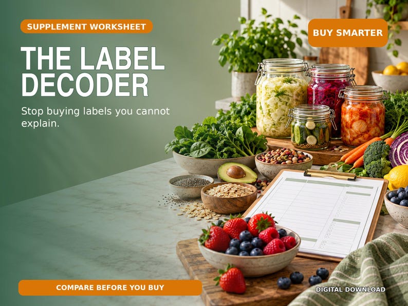 Pode incluir: Uma folha de trabalho digital intitulada THE LABEL DECODER com o texto Stop buying labels you cannot explain e BUY SMARTER. A imagem mostra frascos de vidro com vegetais fermentados, tigelas com produtos frescos, bagas e uma prancheta.