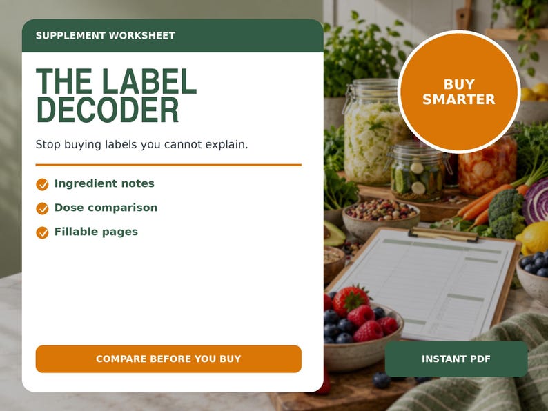 Pode incluir: Uma folha de trabalho de suplementos branca com um cabe&ccedil;alho verde escuro intitulado THE LABEL DECODER. Inclui o texto Stop buying labels you cannot explain, seguido de marcas de verifica&ccedil;&atilde;o para Ingredient notes, Dose comparison e Fillable pages, com um bot&atilde;o laranja rotulado COMPARE BEFORE YOU BUY.