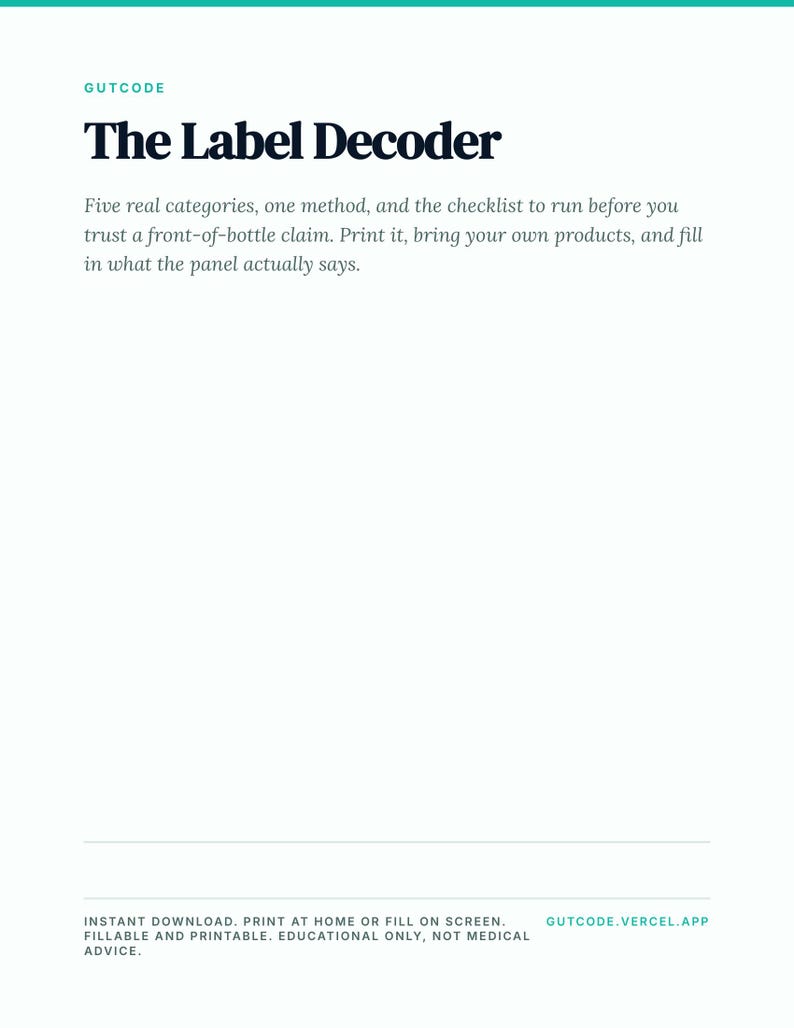 Pode incluir: Um documento branco intitulado The Label Decoder da GUTCODE. Cont&eacute;m texto explicando cinco categorias e uma lista de verifica&ccedil;&atilde;o para avaliar alega&ccedil;&otilde;es de produtos. Abaixo, instru&ccedil;&otilde;es para download e uso digital em GUTCODE.VERCEL.APP.