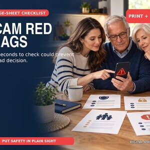 May include: A digital download titled FRIDGE-SHEET CHECKLIST SCAM RED FLAGS. The document features the text Nine seconds to check could prevent one bad decision and PRINT + POST. It includes icons of a shield, a lock, a family, and an exclamation mark.