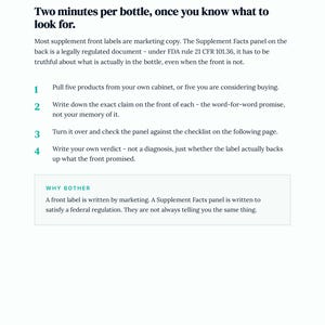 Pode incluir: Um documento informativo intitulado Before You Start, com texto preto em fundo branco. Fornece um guia de quatro passos para avaliar r&oacute;tulos de suplementos, incluindo instru&ccedil;&otilde;es para verificar o painel de fatos do suplemento.