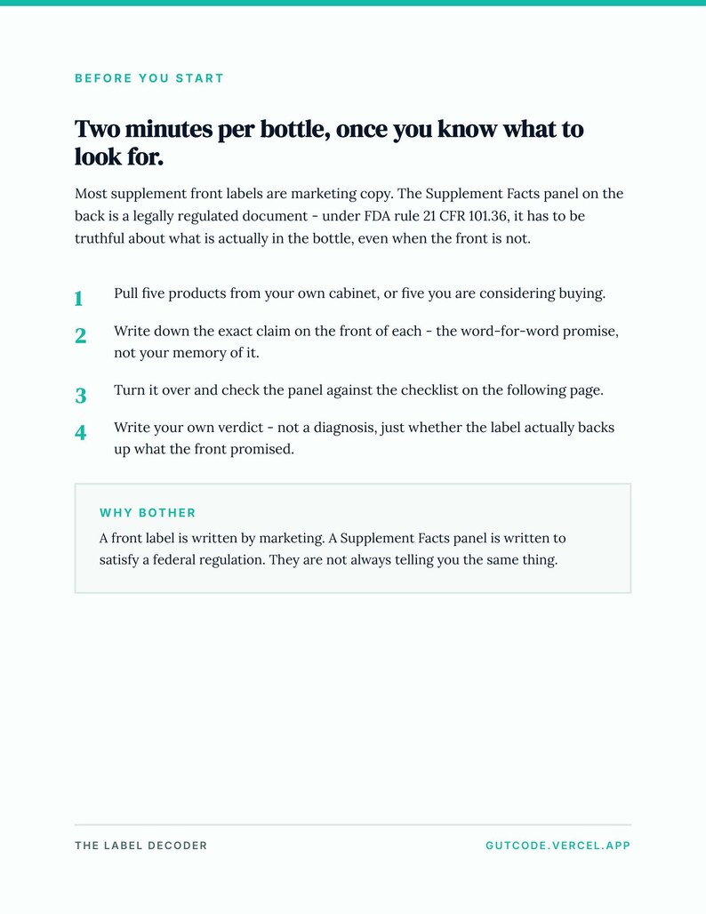 Pode incluir: Um documento informativo intitulado Before You Start, com texto preto em fundo branco. Fornece um guia de quatro passos para avaliar r&oacute;tulos de suplementos, incluindo instru&ccedil;&otilde;es para verificar o painel de fatos do suplemento.