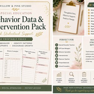 May include: A digital printable behaviour data and intervention pack from Willow & Pine Studio featuring 10 pages for tracking behaviour, identifying patterns, and planning supports. The set includes logs for ABC data, frequency, duration, and scatterplots.