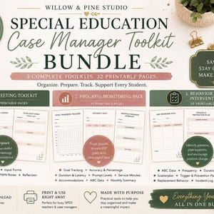 May include: A digital bundle of three special education toolkits by Willow & Pine Studio, featuring 32 printable pages for IEP meetings, progress monitoring, and behavior data. The layout includes checklists, trackers, and intervention plans.