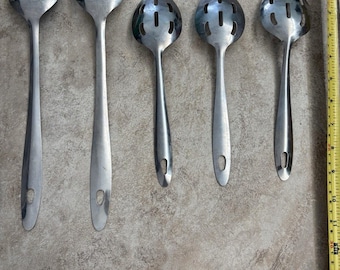 Vintage Stainless Steel Serving Spoons 5 Pc Lot Slotted Solid Oval Handles