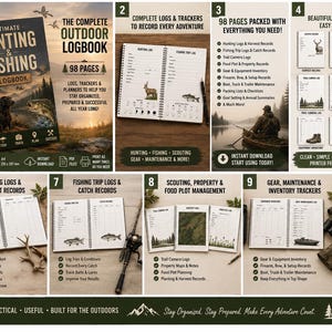 May include: A 98-page outdoor logbook for hunting and fishing, featuring a black cover with deer, dog, and fish illustrations. The interior pages include trackers for harvest records, trail cameras, gear inventory, and maintenance logs in A4 size.