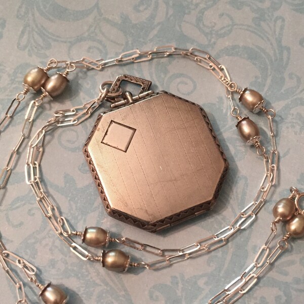 RESERVED Vintage Silver Locket, Art Deco Square Striped Sterling Locket on Sage Green Pearl Chain, Gift for Her