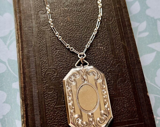 Art Deco Sterling Silver Locket Necklace - Large Rectangular Locket ...