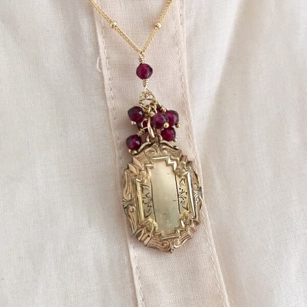 Vintage Locket, Ornately Shaped, Garnet Cluster Chain, Gold Filled, Gift for Her, Push Present, One of a Kind