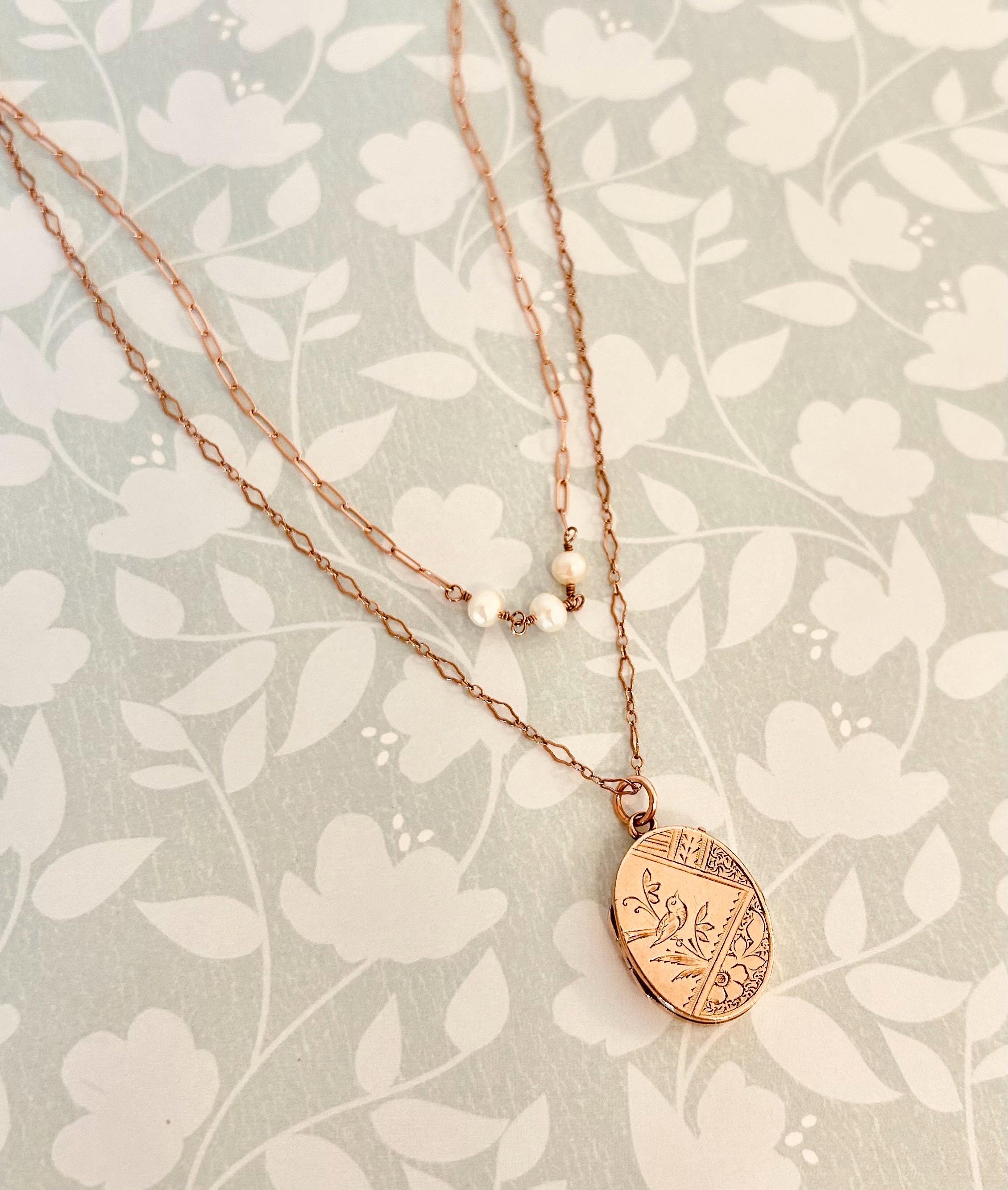 Antique Locket Necklace - Rose Gold Locket Sparrow Bird on Layered Chain- Wedding Locket - Gift for Her - Bridal Jewelry - Bridesmaid Gift
